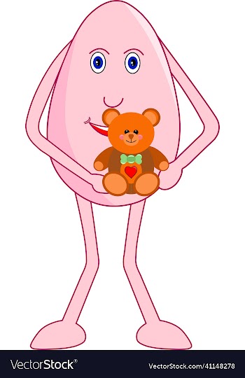 egg female cartoon with a cute teddy in his hand