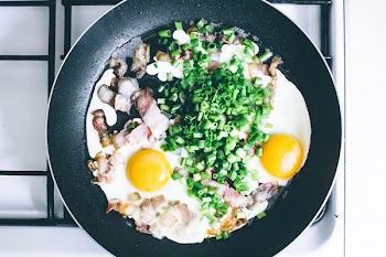 Eggs, bacon and chive on the frying pan