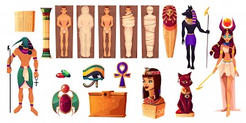 Egyptian gods thoth and hathor. ancient attributes of culture and religion set. Free Vector