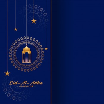 Eid al adha bakreed greeting in gold and blue colors Free Vector