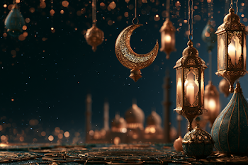 Eid Al-Adha Celebration Scene with Crescent Moon and Lanterns