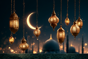 Eid Al-Adha Celebration with Lanterns and Crescent Moon