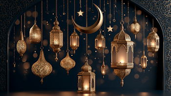 Eid Al-Adha Festive Scene with Lanterns and Moon