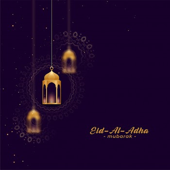 Eid al asha greetings with golden lamps Free Vector