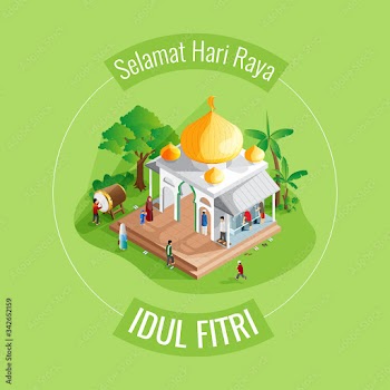 Eid al fitr mosque greeting card in isometric view