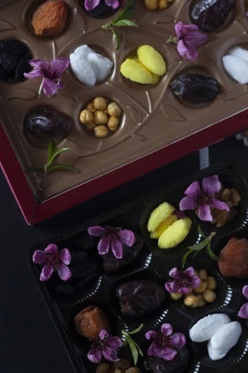 Eid Mubarak. Different iftar sweets. Celebrating Eid Al Adha. Islamic traditional holiday. Eid al-Fitr. Holly month Ramadan. Middle Eastern religious holiday. Dried date fruit. Flat lay, top view.