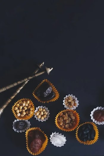 Eid Mubarak. Different iftar sweets. Celebrating Eid Al Adha. Islamic traditional holiday. Eid al-Fitr. Holly month Ramadan. Middle Eastern religious holiday. Dried date fruit. Flat lay, top view.