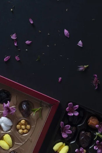 Eid Mubarak. Different iftar sweets. Celebrating Eid Al Adha. Islamic traditional holiday. Eid al-Fitr. Holly month Ramadan. Middle Eastern religious holiday. Dried date fruit. Flat lay, top view.
