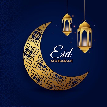 Eid mubarak with golden crescent moon Free Vector