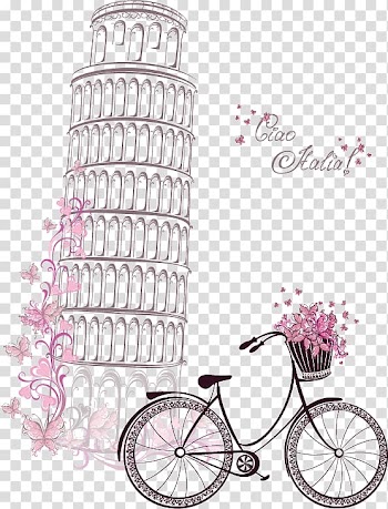 Eiffel Tower Symbol Paper, Hand-painted watercolor Leaning Tower of Pisa and bicycles, illustration of leaning tower of Pisa transparent background PNG clipart