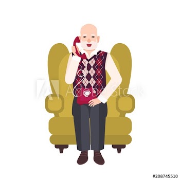 Elderly bearded man sitting in comfortable armchair and talking on phone