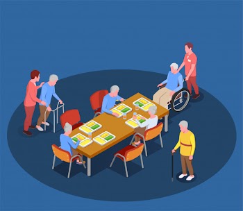 Elderly care in nursing home isometric illustration with residents meeting in dining room with help of their caretakers Free Vector