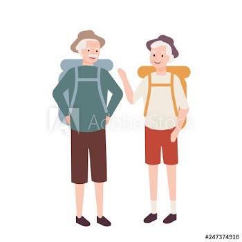 Elderly couple with backpacks