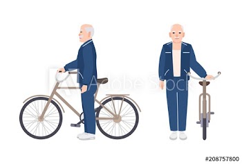 Elderly man or grandfather dressed in sport apparel standing beside bike