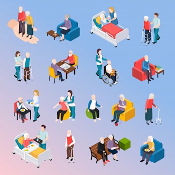 Elderly people nursing home residents isometric elements set Free Vector