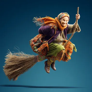 Elderly Russian Grandmother Flying on a Broomstick Elderly Russian Grandmother Flying on a Broomstick
