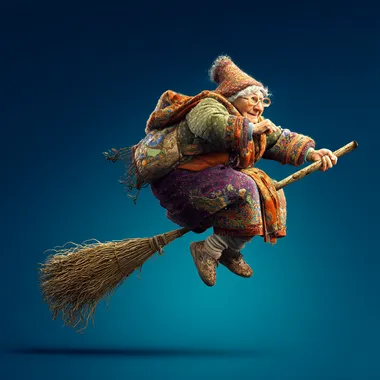 Elderly Russian Grandmother Flying on a Broomstick Elderly Russian Grandmother Flying on a Broomstick