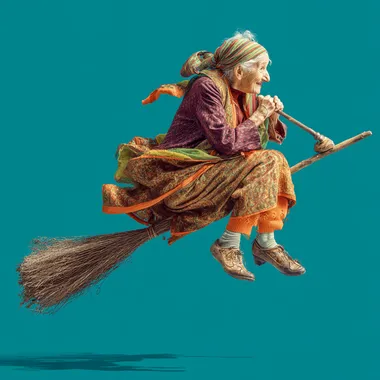 Elderly Russian Grandmother Flying on a Broomstick Elderly Russian Grandmother Flying on a Broomstick