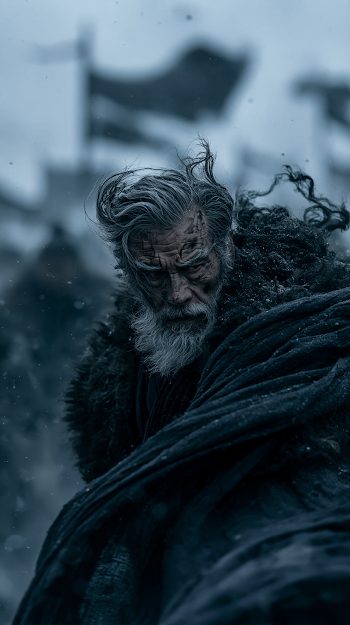 Elderly Warrior in a Stormy Landscape
