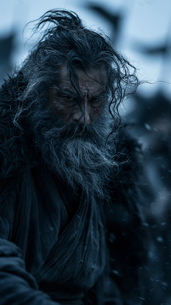 Elderly Warrior in Stormy Landscape