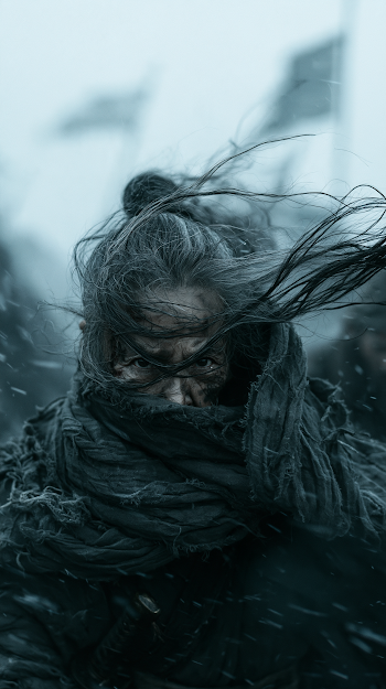 Elderly Warrior in Windy Atmosphere