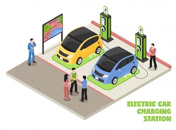 Electric car charging station isometric composition with employee and clients waiting for their cars be serviced Free Vector