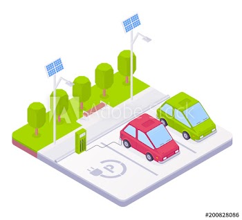 Electric car parking concept with charger station, solar battery, vehicle connected to the charger