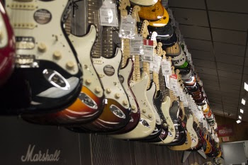 Electric Guitar Hanging Near Wall