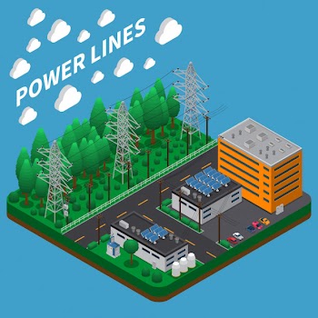 Electric power transmission isometric composition with overhead high voltage line on big tall metal towers Free Vector