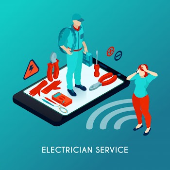 Electrician online service isometric composition with repairman in uniform with tools equipment on smartphone screen Free Vector
