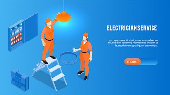 Electrician service online isometric website home page banner with home electric appliances installation repair maintenance Free Vector