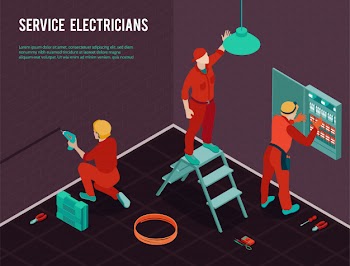 Electricians home office construction renovation maintenance service isometric composition with workmen team installing switch board Free Vector