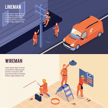 Electricians power line technicians service 2 isometric horizontal banners with wireman home office lineman job Free Vector