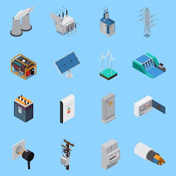 Electricity isometric icons set with cable solar panels wind hydro power generators transformer socket isolated Free Vector