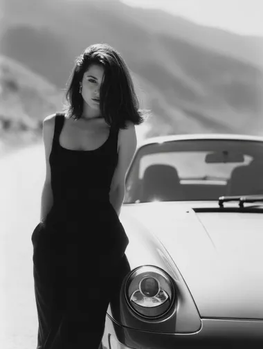 Elegance and Power: Woman Leaning Against a Porsche 911 Elegance and Power: Woman Leaning Against a Porsche 911