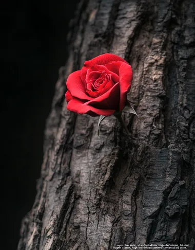 Elegance in Contrast: A Red Rose on an Ancient Tree Trunk Elegance in Contrast: A Red Rose on an Ancient Tree Trunk