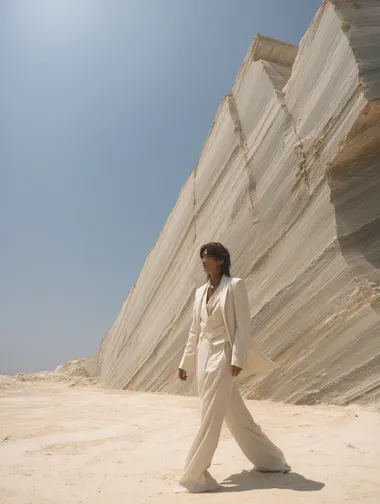 Elegance in Contrast: Model in Ivory Suit Against Greenshist Wall Elegance in Contrast: Model in Ivory Suit Against Greenshist Wall
