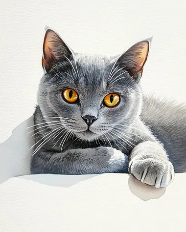 Elegance in Watercolor: The Serene Gaze of a Gray Cat