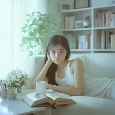 Elegant 18-Year-Old Japanese-Chinese Girl Relaxing with Coffee in Bedroom Elegant 18-Year-Old Japanese-Chinese Girl Relaxing with Coffee in Bedroom