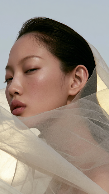 Elegant Beauty in Sheer Fabric with Soft Yellow Backlight