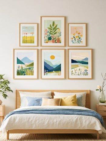 Elegant Bedroom Wall with Art Prints