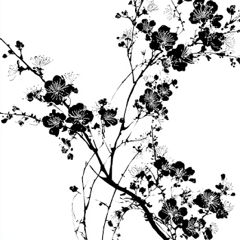 Elegant Black and White Botanical Illustration of Cherry Blossom Branches