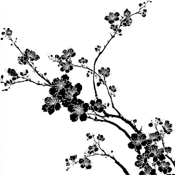 Elegant Black and White Botanical Illustration of Cherry Blossoms