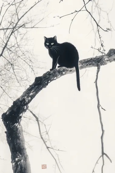 Elegant Black Cat on a Branch - Chinese Ink Painting Elegant Black Cat on a Branch - Chinese Ink Painting