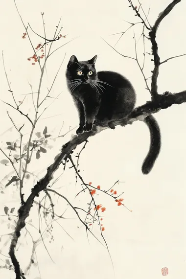 Elegant Black Cat on Tree Branch - Chinese Ink Painting Elegant Black Cat on Tree Branch - Chinese Ink Painting