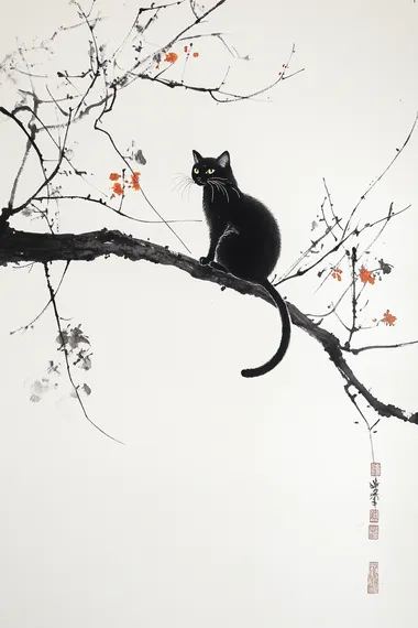 Elegant Black Cat on Tree Branch - Chinese Ink Painting Elegant Black Cat on Tree Branch - Chinese Ink Painting