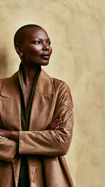 Elegant Black Woman in Profile Against Cream Background