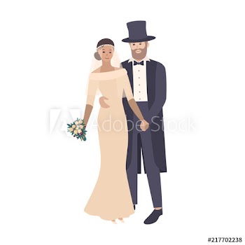 Elegant bride wearing exquisite wedding gown and groom dressed in luxurious tailcoat and top hat