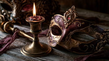 Elegant Carnival Still Life with Candlestick and Masks