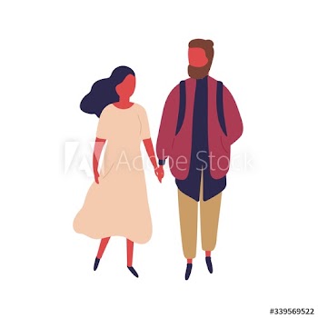 Elegant cartoon woman and hipster man holding hands vector flat illustration